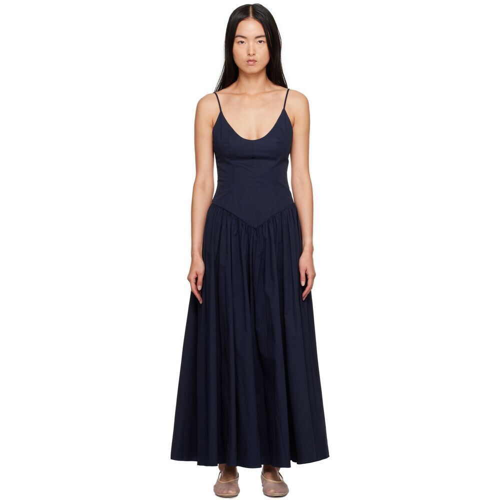Staud Women's Navy Spaghetti Strap Drop Waist Poplin Dena Maxi Dress Sz 12 NWOT - Picture 2 of 15